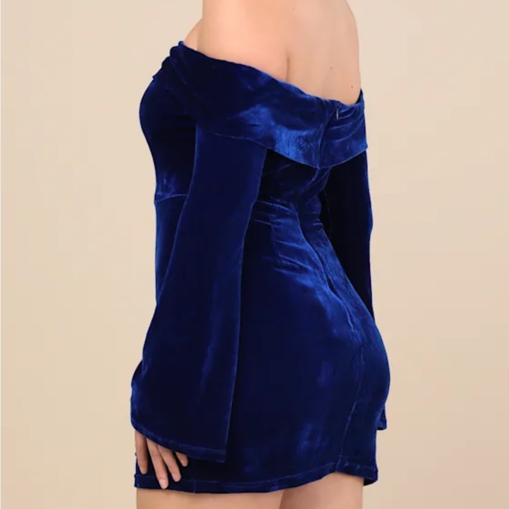 Lulu's Alluring Dark Blue Velvet Off-Shoulder Dress - Picture 5 of 7